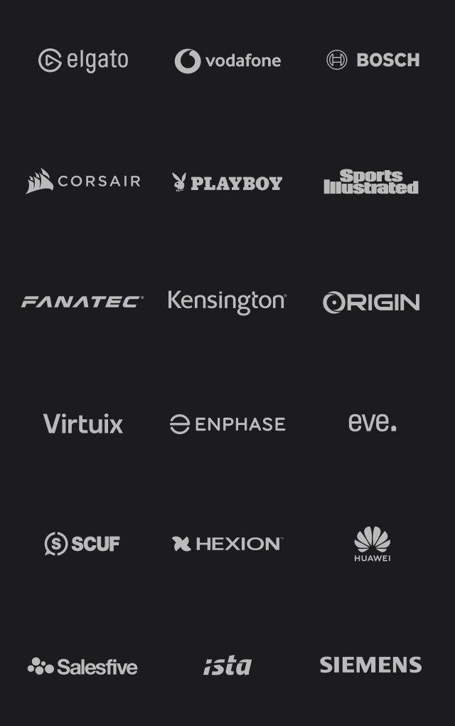 belkin, bmw, bosch, bowers & wilkins, corsair, elgato, eve, enphase, ferrari, flex, fresenius, gamer sensei, hexion, huwai, ing diba, ista, kensington, logitech, neff, philips, playboy, scuf, siemens, vodafone, vw, wmf