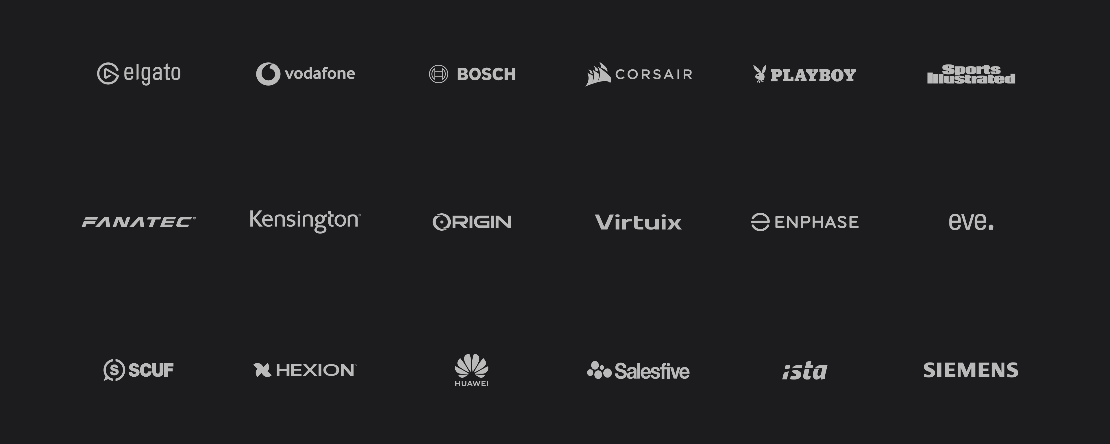 belkin, bmw, bosch, bowers & wilkins, corsair, elgato, eve, enphase, ferrari, flex, fresenius, gamer sensei, hexion, huwai, ing diba, ista, kensington, logitech, neff, philips, playboy, scuf, siemens, vodafone, vw, wmf